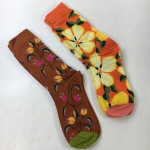 Womens Colorful Floral Crew Socks 2 Pack Elastic Cuff Orange Brown Green